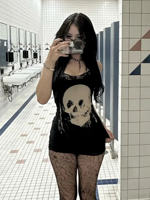 Women's Halloween Themed Skull Print Contrast Lace Bodycon Cami Dress, Street Fashion Casual Sleeveless Mini Dress for Party Club Wear, Ladies Clothes for Fall